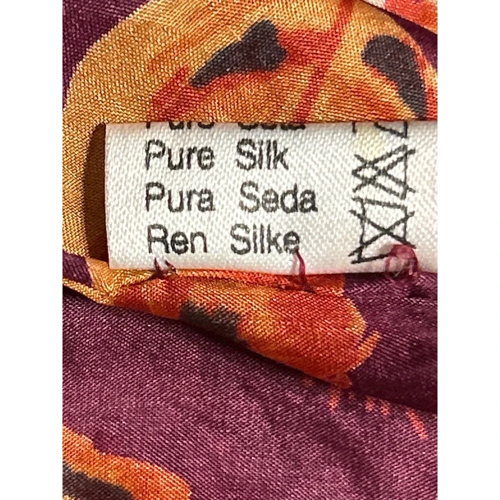 Pure Silk Feather Print Scarf Plum Purple Orange Lightweight 64Long‎ 16